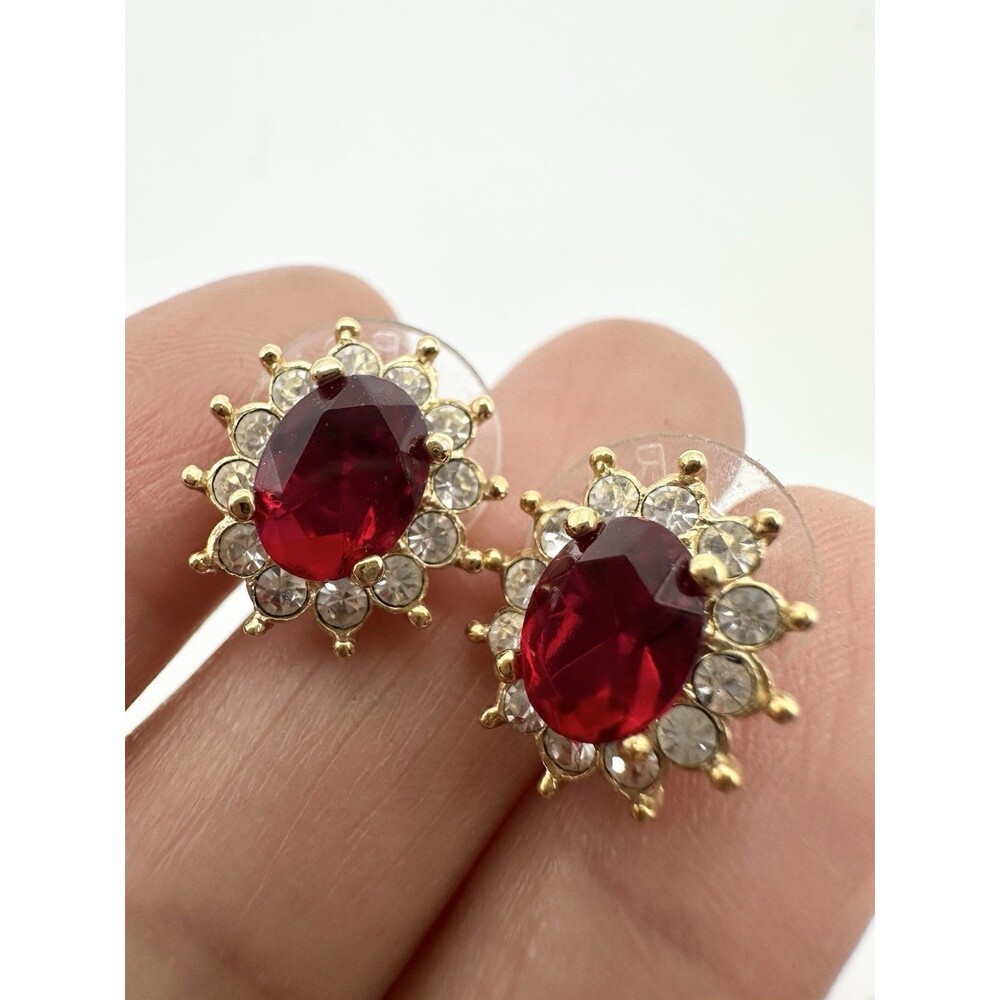 Vintage Roman Clear Rhinestone & Faux Ruby Pierced Stud Earrings Gold Tone